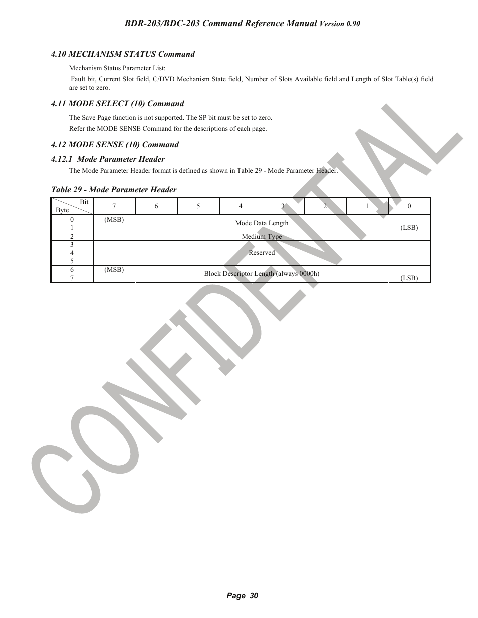 10 mechanism status command, 11 mode select (10) command, 12 mode sense (10) command | 1 mode parameter header, Pioneer, Mechanism status command, Mode select (10) command, Mode sense (10) command, Pioneer confidential | Pioneer BDR-203 User Manual | Page 31 / 40