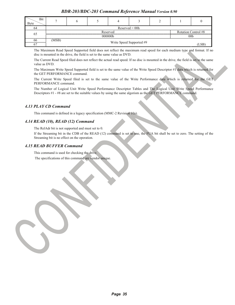 13 play cd command, 14 read (10), read (12) command, 15 read buffer command | Play cd command, Read buffer command, Pioneer confidential | Pioneer BDR-203 User Manual | Page 36 / 40