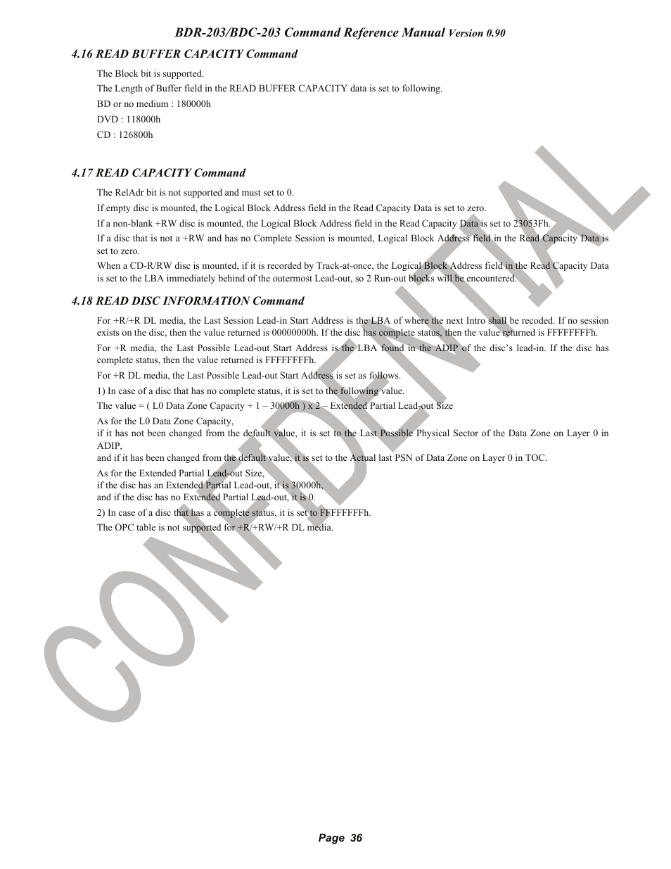 16 read buffer capacity command, 17 read capacity command, 18 read disc information command | Read buffer capacity command, Read capacity command, Read disc information command, Pioneer confidential | Pioneer BDR-203 User Manual | Page 37 / 40