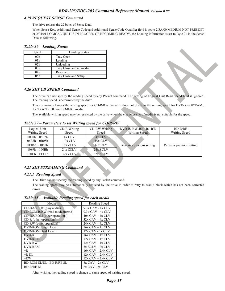 19 request sense command, 20 set cd speed command, 21 set streaming command | 1 reading speed, Request sense command, Set cd speed command, Set streaming command, Pioneer, Pioneer confidential | Pioneer BDR-203 User Manual | Page 38 / 40