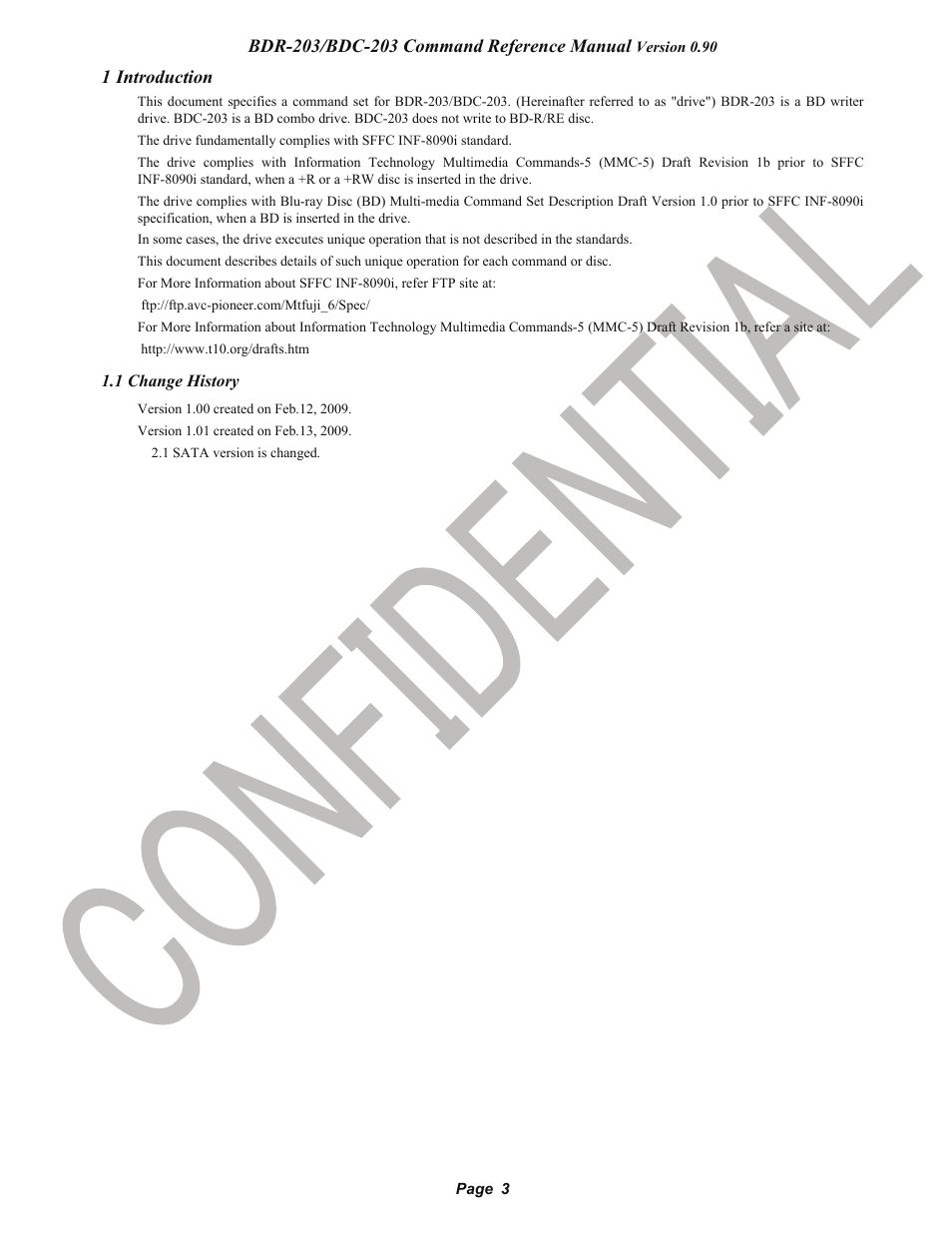 1 introduction, 1 change history, Pioneer confidential | Pioneer BDR-203 User Manual | Page 4 / 40