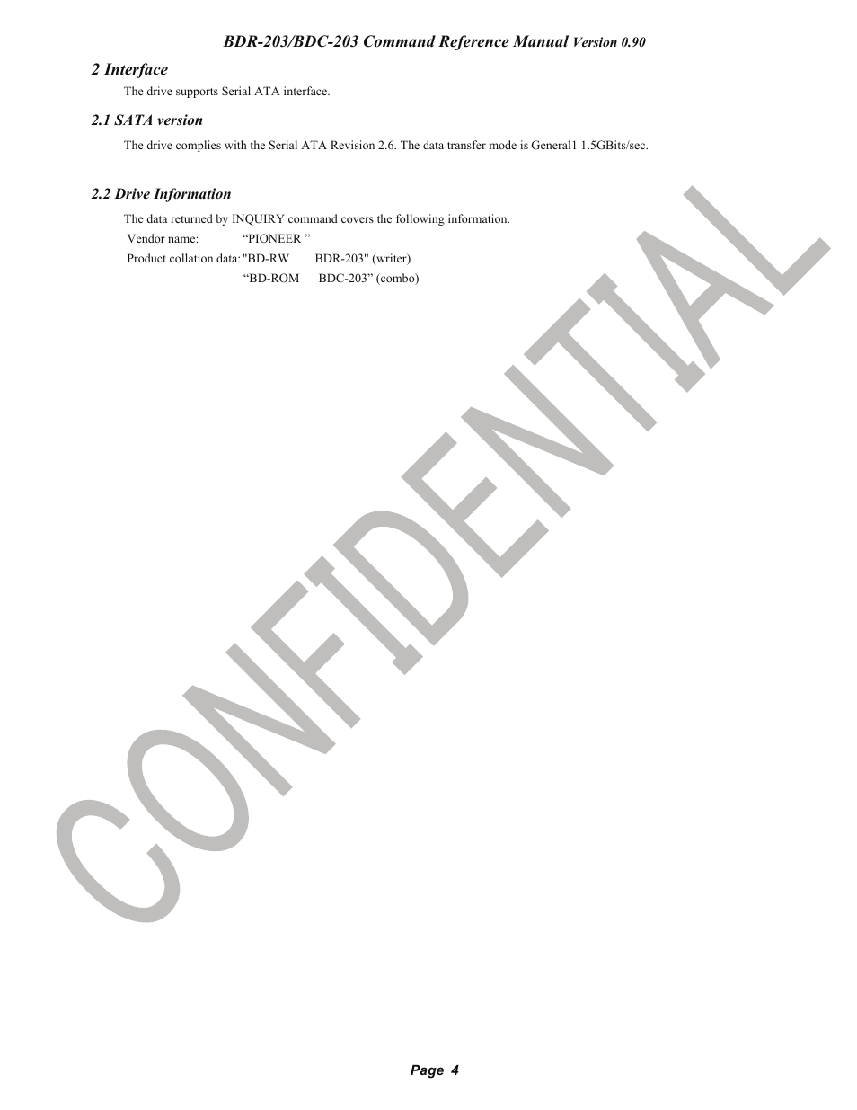 2 interface, 1 sata version, 2 drive information | Pioneer confidential | Pioneer BDR-203 User Manual | Page 5 / 40