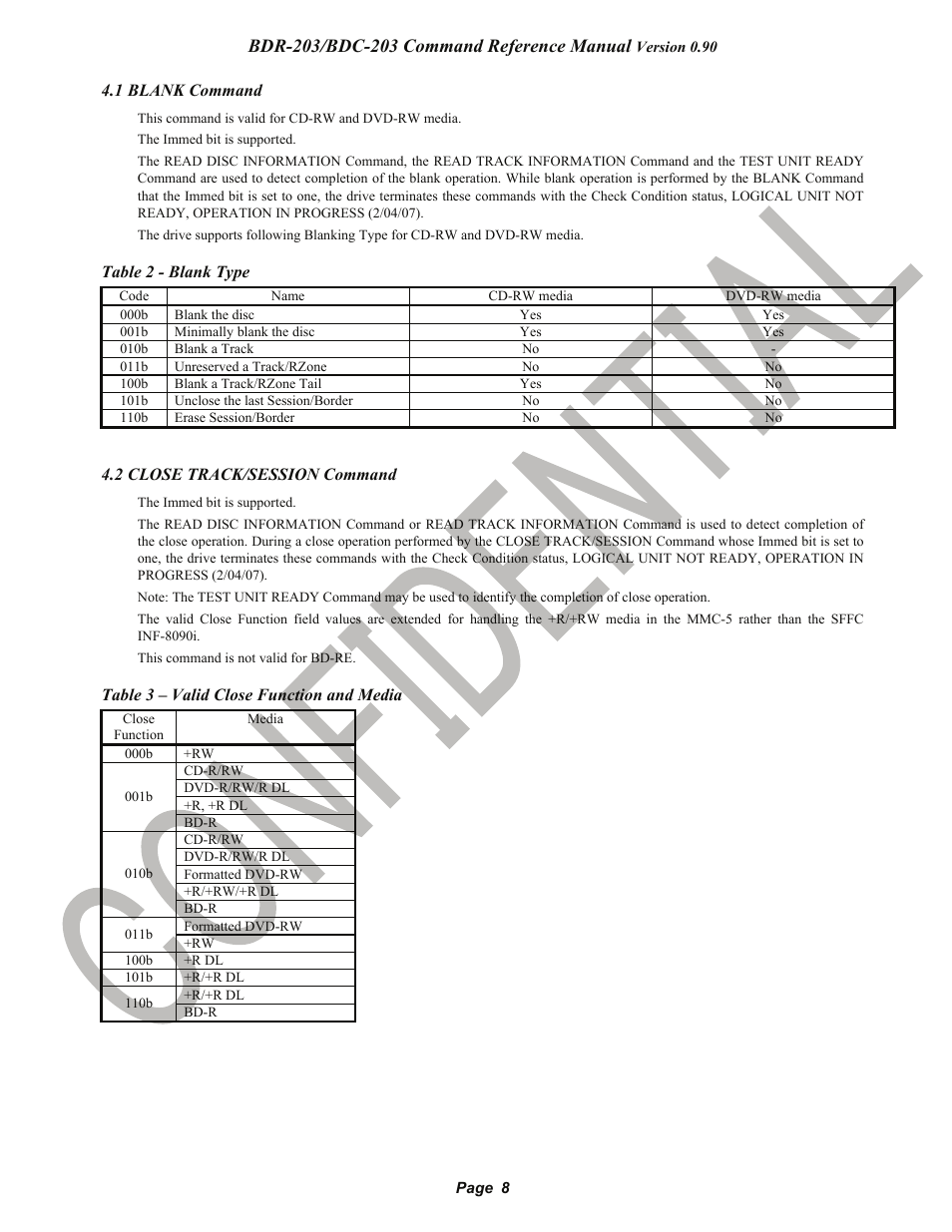 1 blank command, 2 close track/session command, Blank command | Close track/session command, Pioneer confidential | Pioneer BDR-203 User Manual | Page 9 / 40