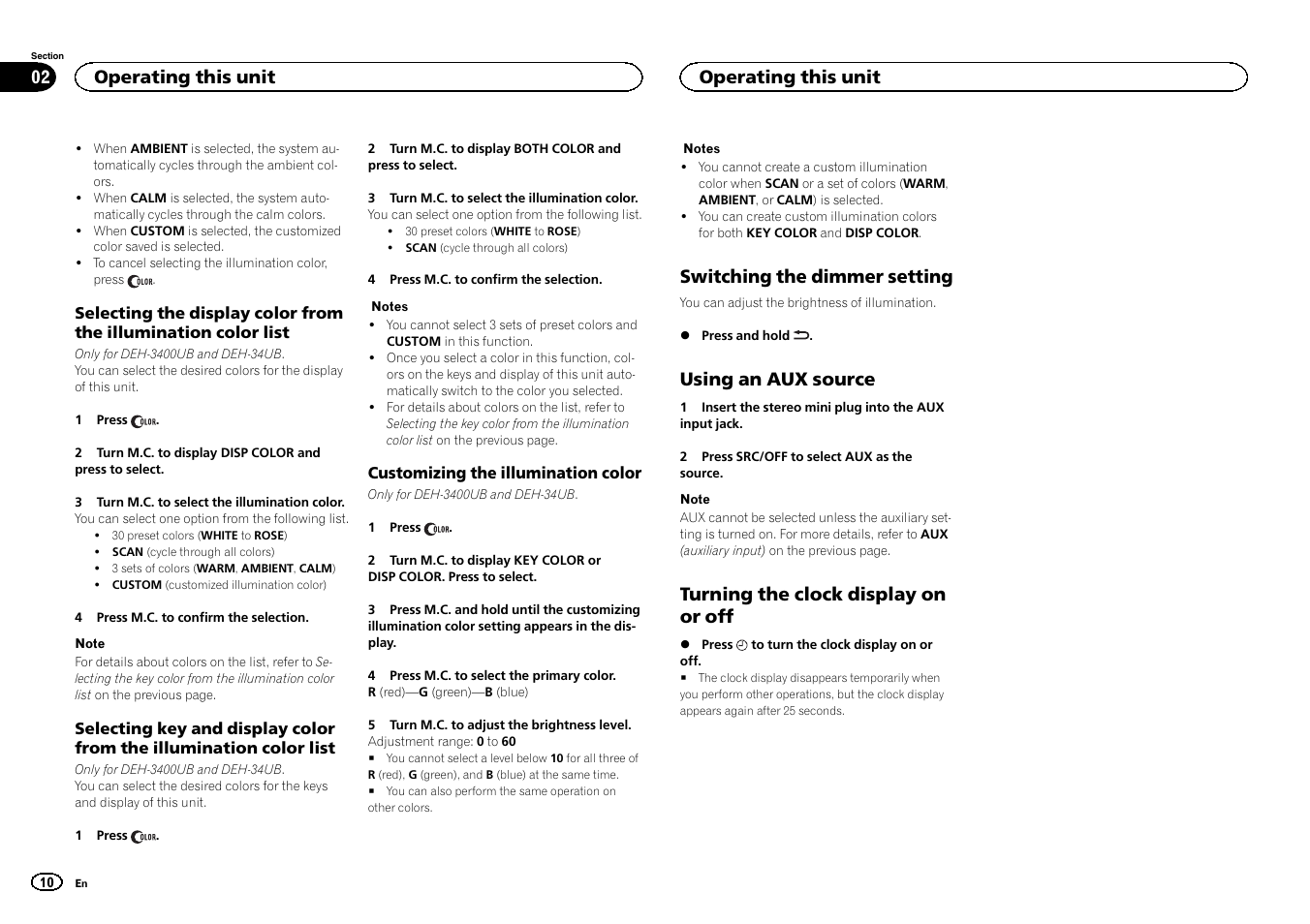 Switching the dimmer setting, Using an aux source, Turning the clock display on or off | Operating this unit | Pioneer DEH-2400UB User Manual | Page 10 / 56