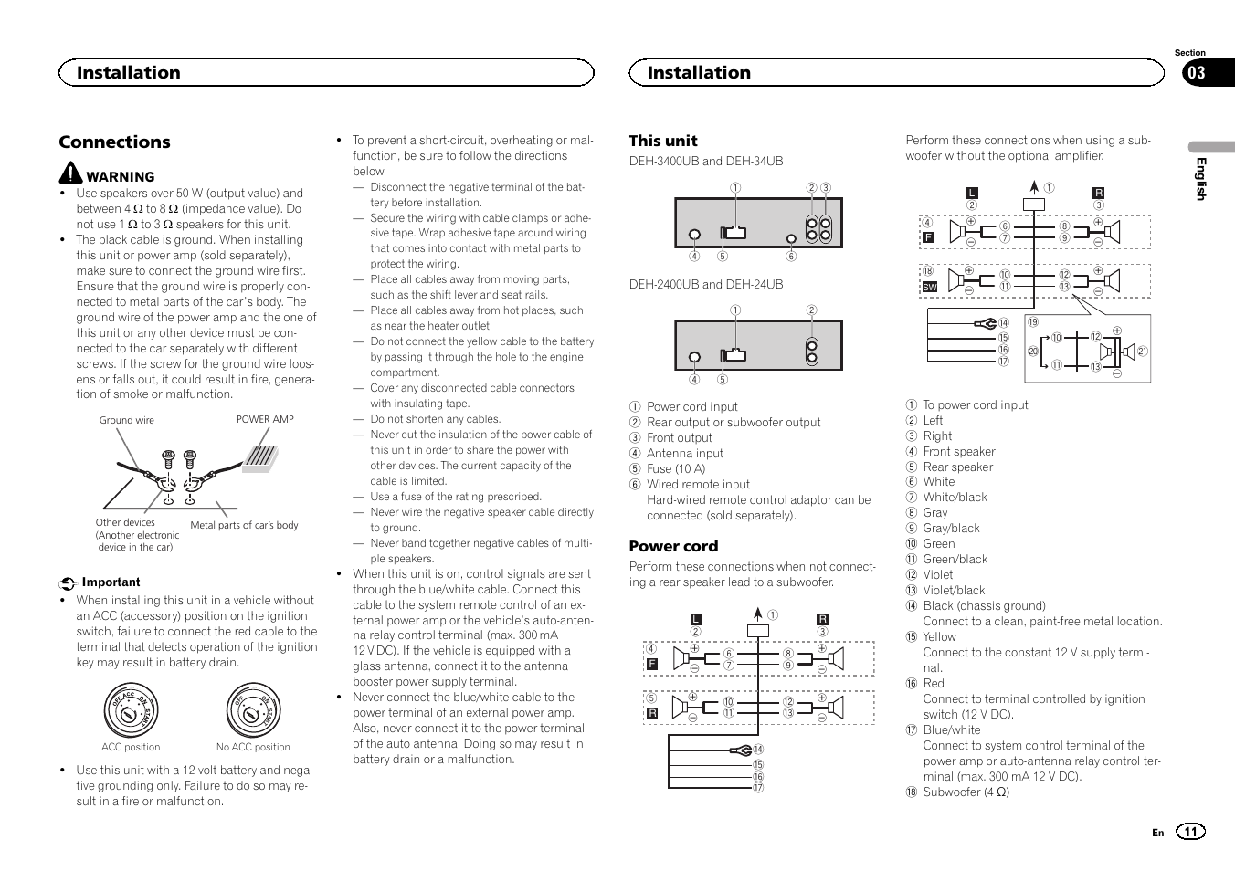 Connections, Installation | Pioneer DEH-2400UB User Manual | Page 11 / 56