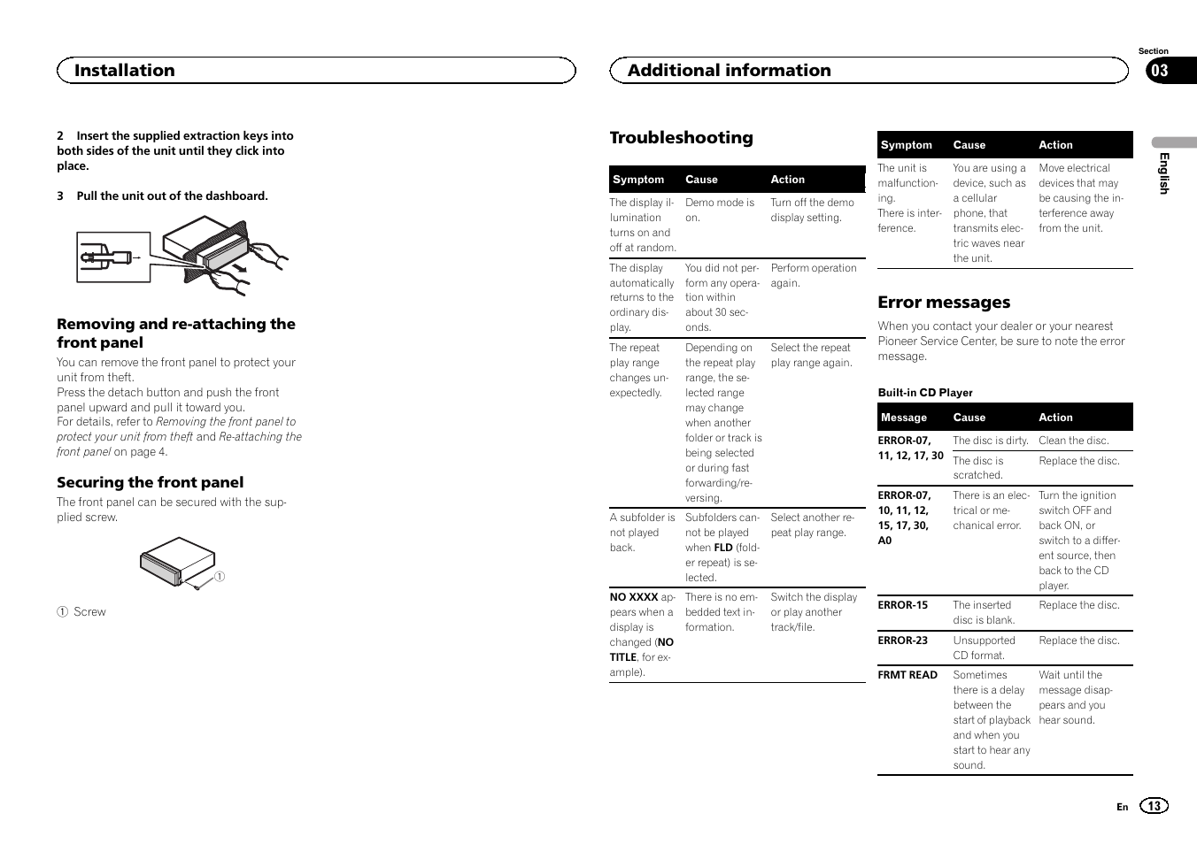 Troubleshooting, Error messages, Installation | Additional information | Pioneer DEH-2400UB User Manual | Page 13 / 56