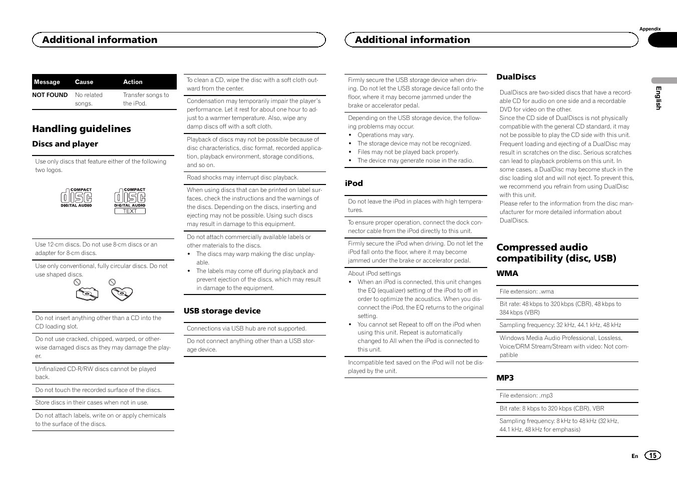 Handling guidelines, Compressed audio compatibility (disc, usb), Additional information | Pioneer DEH-2400UB User Manual | Page 15 / 56