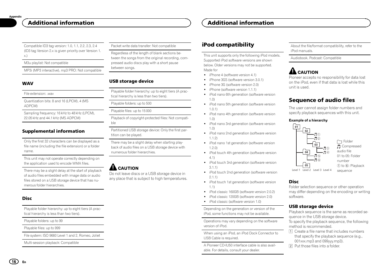 Ipod compatibility, Sequence of audio files, Additional information | Pioneer DEH-2400UB User Manual | Page 16 / 56