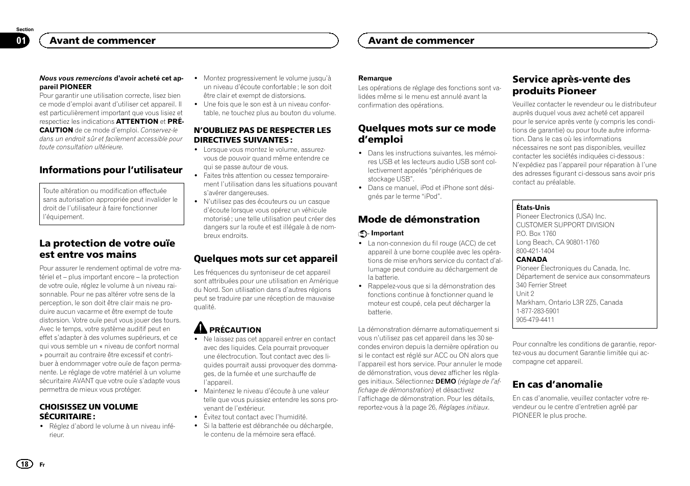 Informations pour l ’utilisateur, La protection de votre ouïe est entre vos mains, Quelques mots sur cet appareil | Quelques mots sur ce mode d ’emploi, Mode de démonstration, Service après-vente des produits pioneer, En cas d ’anomalie, Avant de commencer | Pioneer DEH-2400UB User Manual | Page 18 / 56