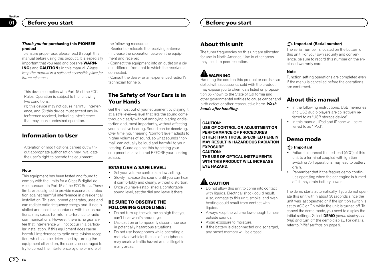 Information to user, The safety of your ears is in your hands, About this unit | About this manual, Demo mode, Before you start | Pioneer DEH-2400UB User Manual | Page 2 / 56