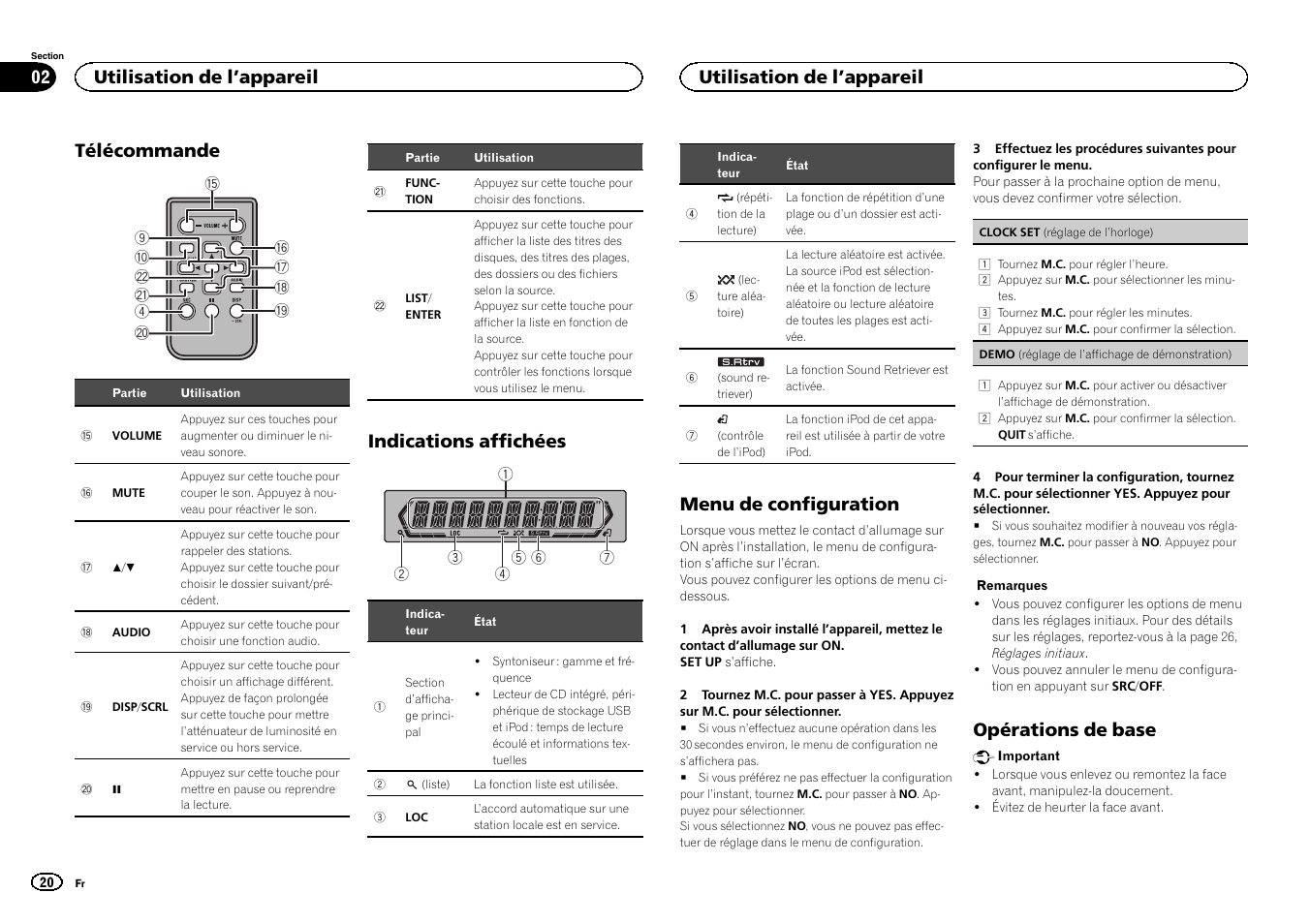 Télécommande, Indications affichées, Menu de configuration | Opérations de base, Utilisation de l ’appareil | Pioneer DEH-2400UB User Manual | Page 20 / 56