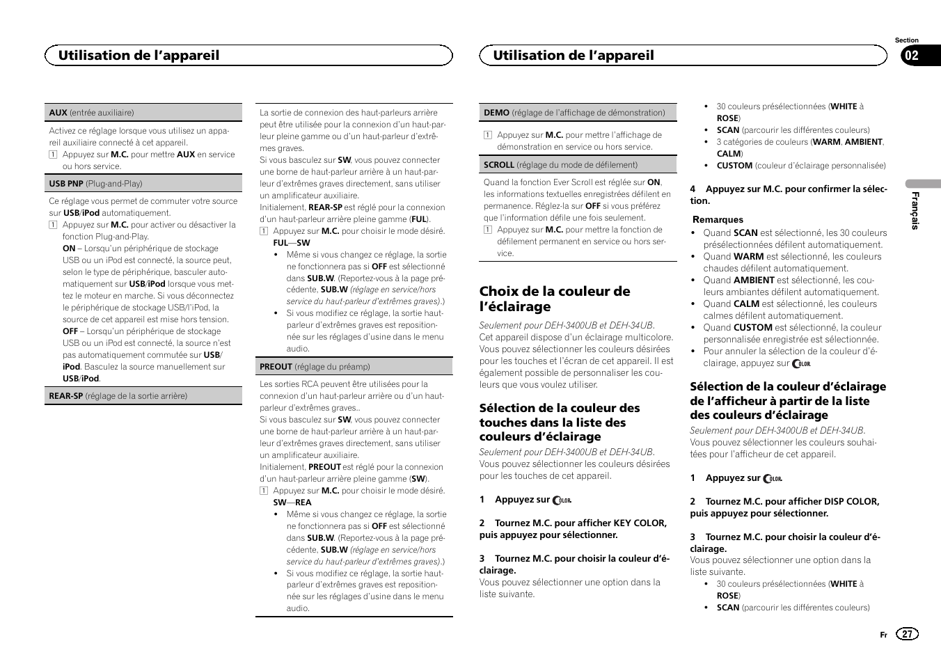 Demo (réglage de l, Fichage de démonstration), Rear-sp (réglage de la | Sortie arrière), Preout (réglage du préamp), Choix de la couleur de l ’éclairage, Utilisation de l ’appareil | Pioneer DEH-2400UB User Manual | Page 27 / 56