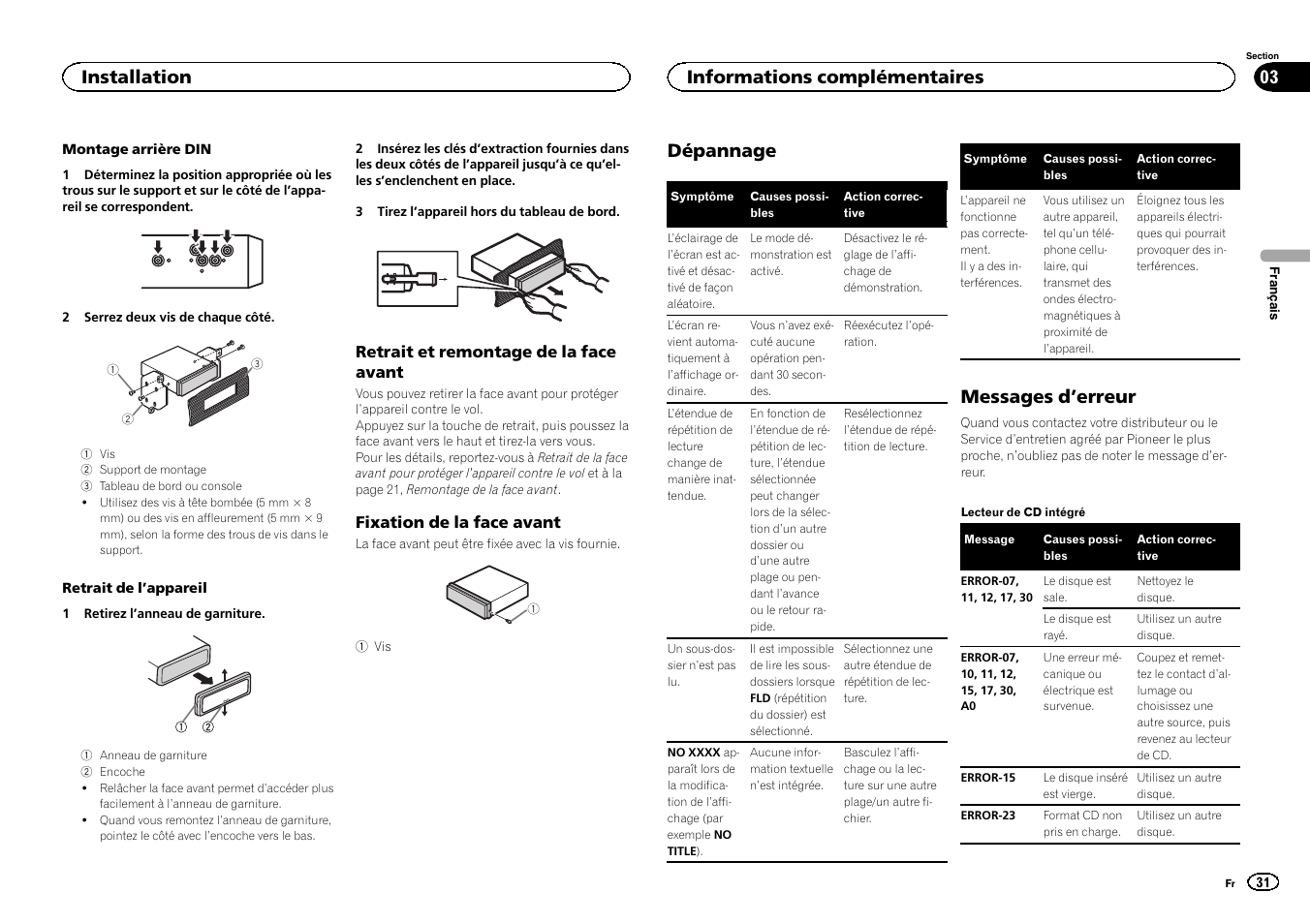 Dépannage, Messages d ’erreur, Installation | Informations complémentaires | Pioneer DEH-2400UB User Manual | Page 31 / 56