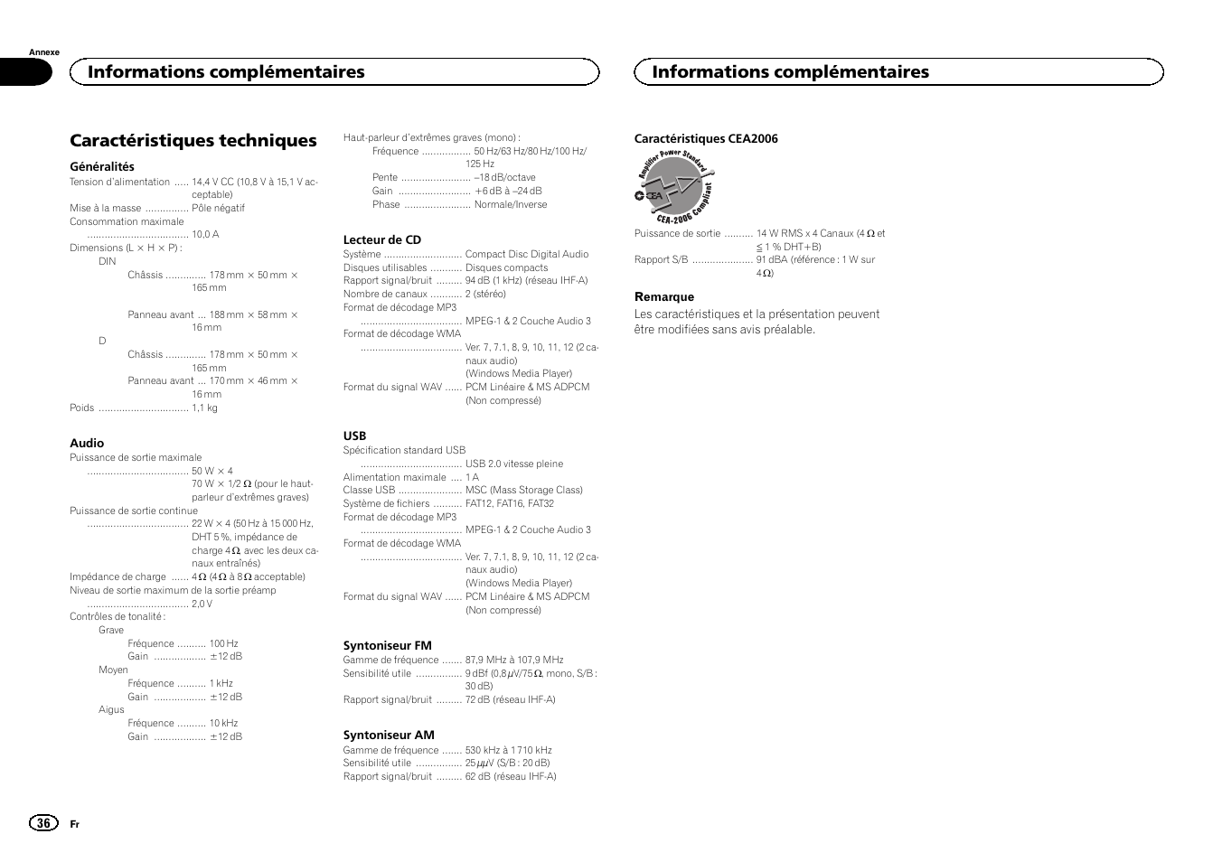 Caractéristiques techniques, Informations complémentaires | Pioneer DEH-2400UB User Manual | Page 36 / 56