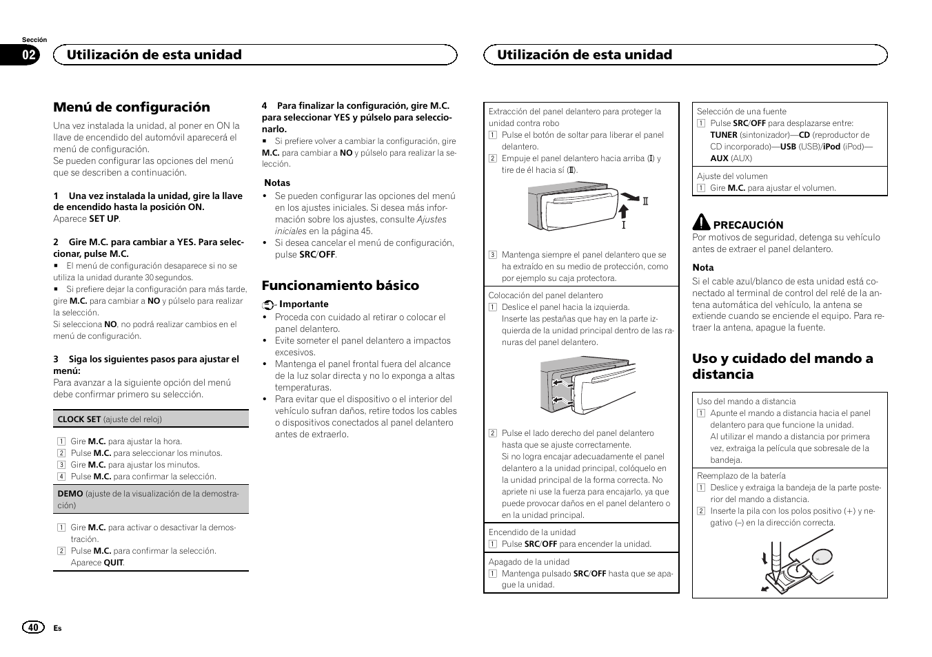 Menú de configuración, Funcionamiento básico, Uso y cuidado del mando a distancia | Utilización de esta unidad | Pioneer DEH-2400UB User Manual | Page 40 / 56