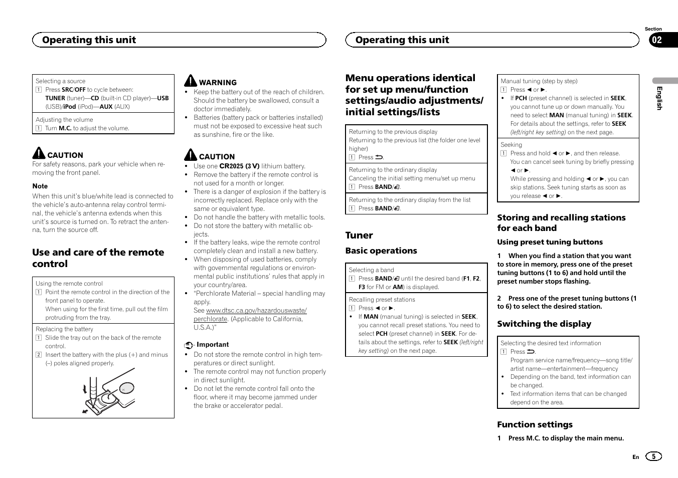 Use and care of the remote control, Tuner, Operating this unit | Pioneer DEH-2400UB User Manual | Page 5 / 56