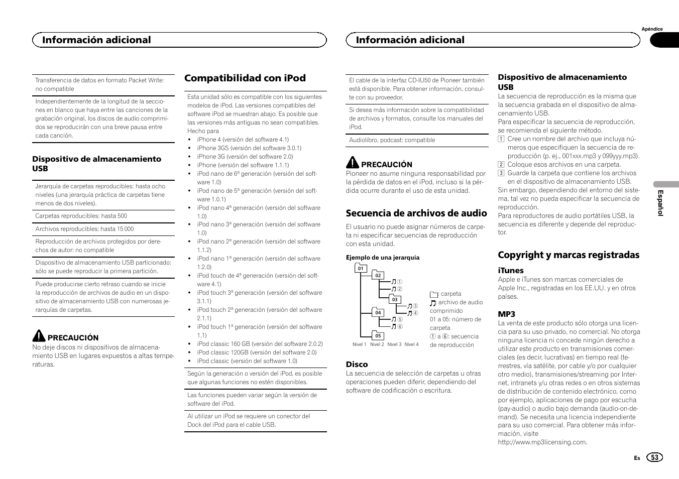 Compatibilidad con ipod, Secuencia de archivos de audio, Copyright y marcas registradas | Información adicional | Pioneer DEH-2400UB User Manual | Page 53 / 56
