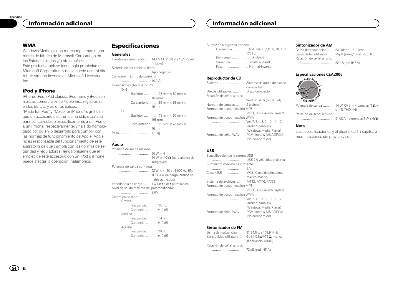 Especificaciones, Información adicional, Ipod y iphone | Pioneer DEH-2400UB User Manual | Page 54 / 56