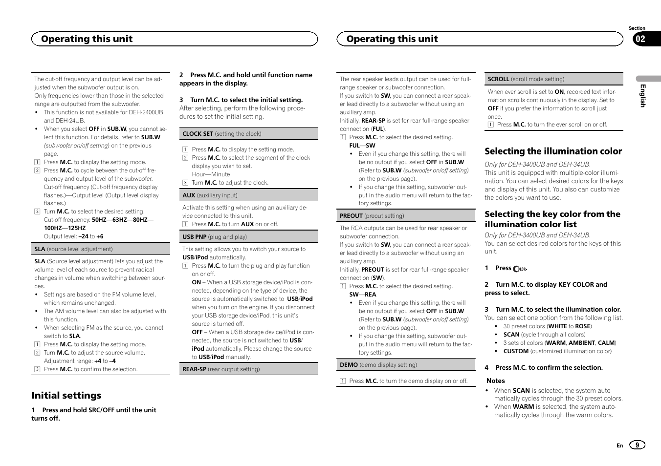 Rear-sp (rear output setting), Preout (preout set, Initial settings | Selecting the illumination color, Operating this unit | Pioneer DEH-2400UB User Manual | Page 9 / 56