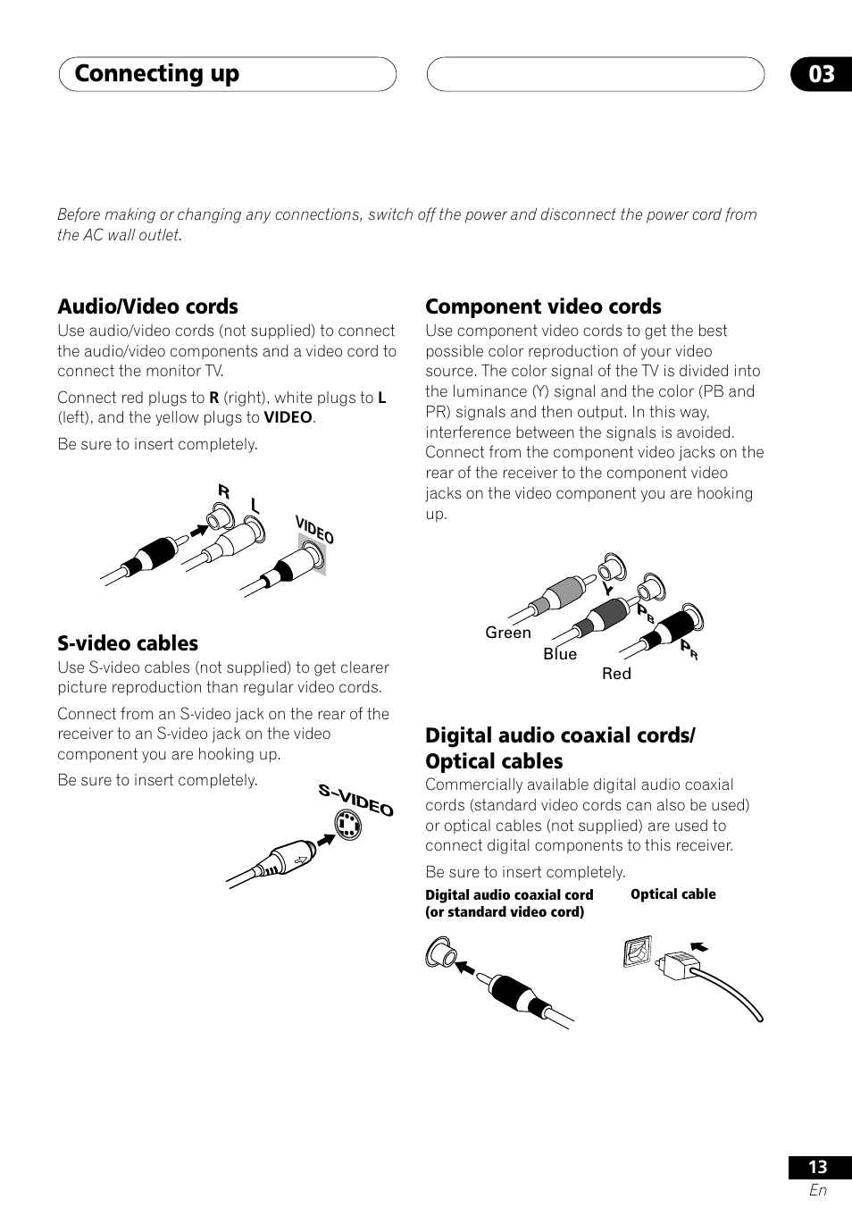 Connecting up 03, Audio/video cords, S-video cables | Digital audio coaxial cords/ optical cables, Component video cords | Pioneer VSX-41 User Manual | Page 13 / 72