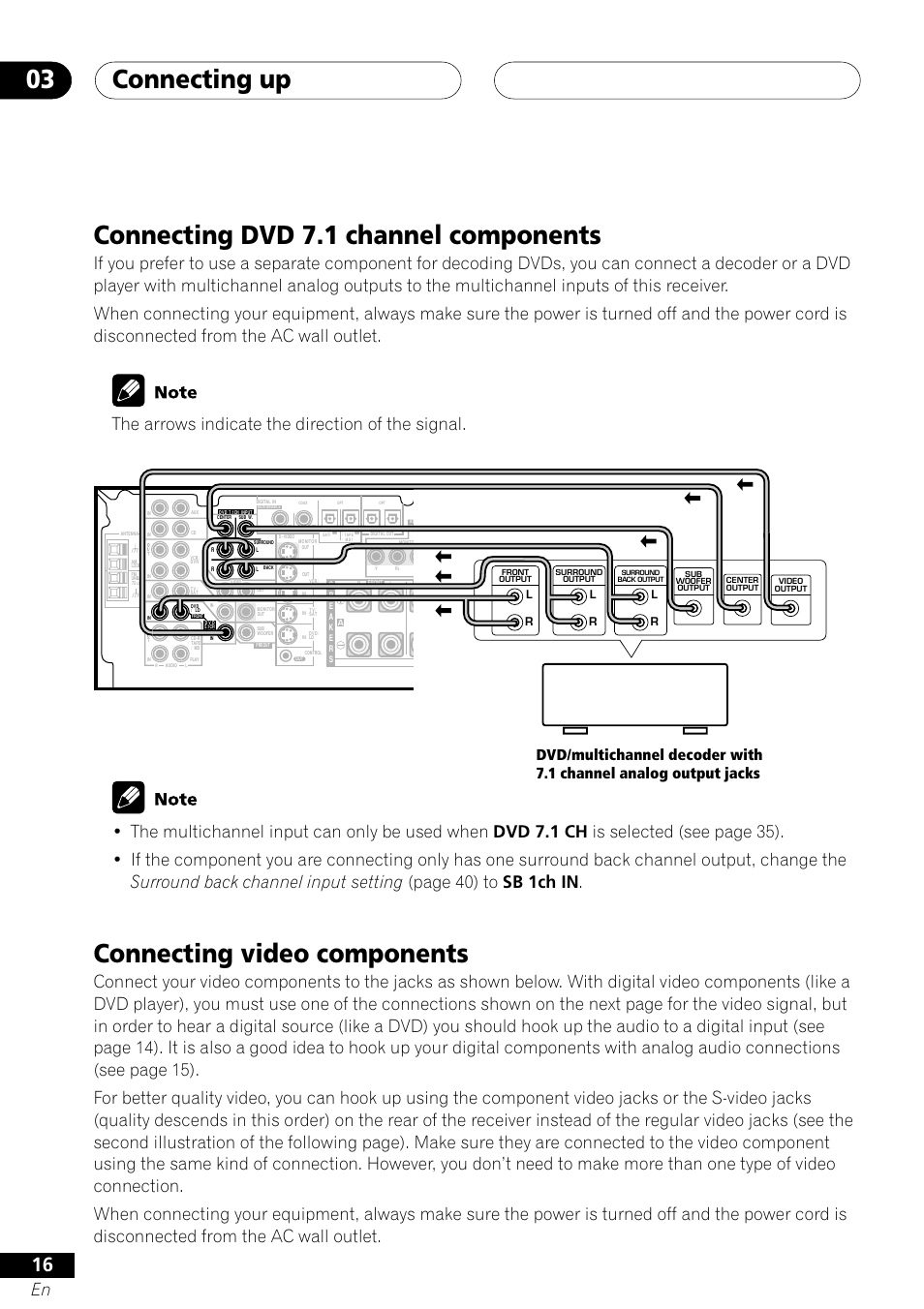 Connecting up 03, Connecting video components, Connecting dvd 7.1 channel components | Pioneer VSX-41 User Manual | Page 16 / 72