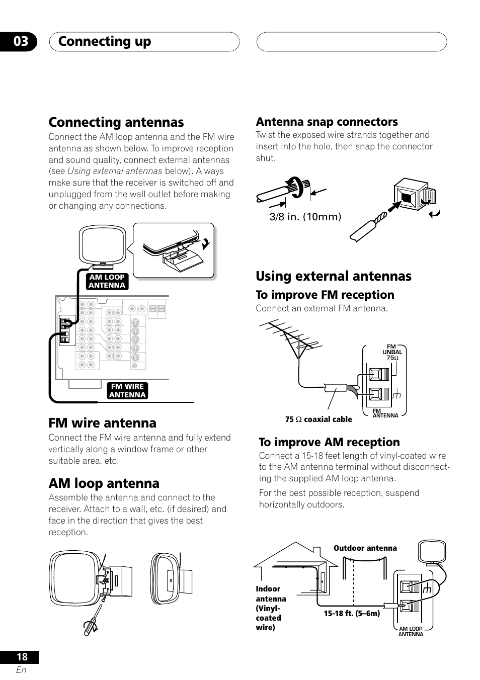 Connecting antennas, Connecting up 03, Fm wire antenna | Am loop antenna, Using external antennas, Antenna snap connectors, 3/8 in. (10mm) | Pioneer VSX-41 User Manual | Page 18 / 72