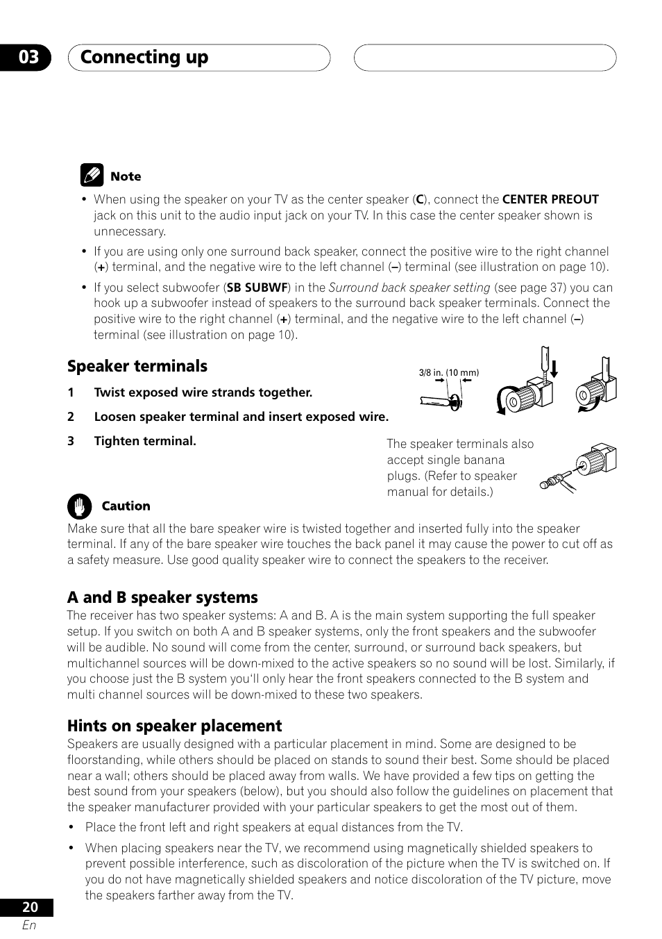 Connecting up 03, Hints on speaker placement, A and b speaker systems | Speaker terminals | Pioneer VSX-41 User Manual | Page 20 / 72