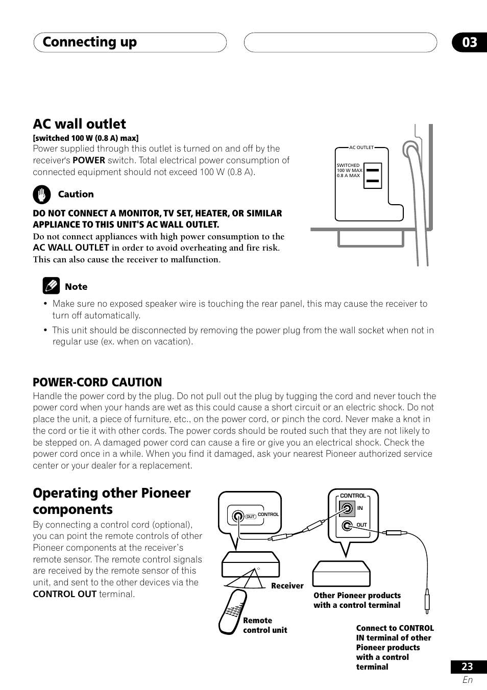 Ac outlet operating other pioneer components, Connecting up 03, Operating other pioneer components | Ac wall outlet, Power-cord caution | Pioneer VSX-41 User Manual | Page 23 / 72