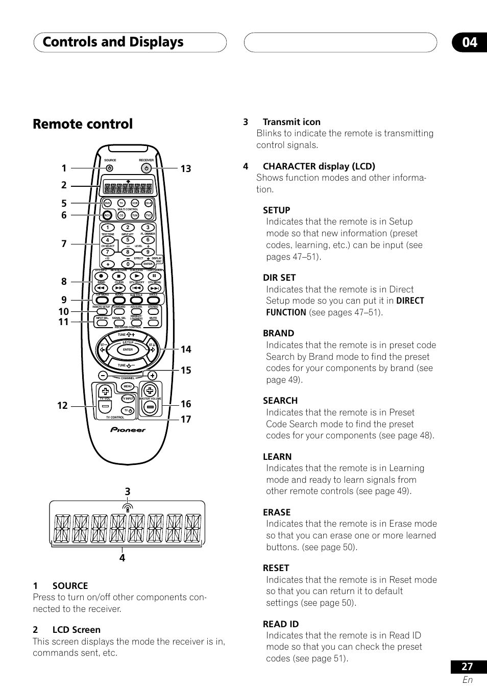 Remote control, Controls and displays 04 | Pioneer VSX-41 User Manual | Page 27 / 72