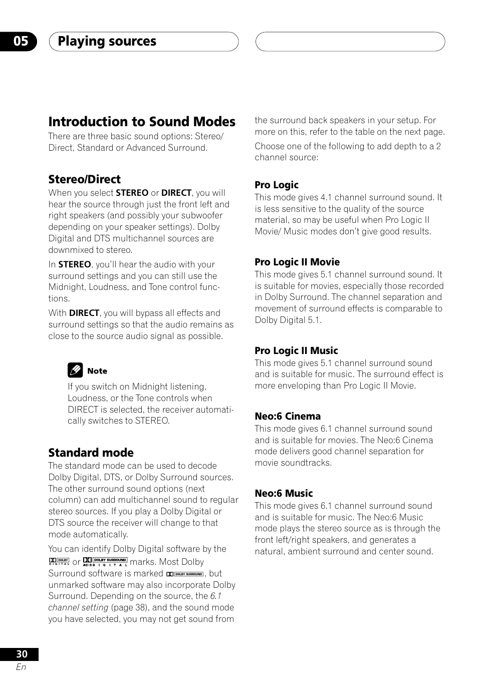 Introduction to sound modes, Stereo/direct standard mode, Playing sources 05 | Stereo/direct, Standard mode | Pioneer VSX-41 User Manual | Page 30 / 72