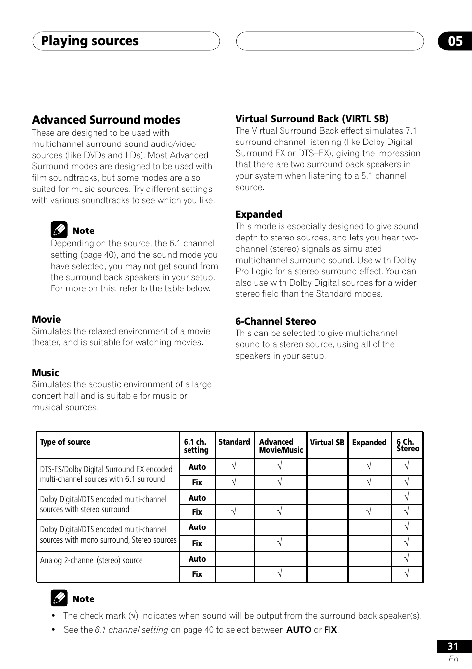 Advanced surround modes, Playing sources 05 | Pioneer VSX-41 User Manual | Page 31 / 72