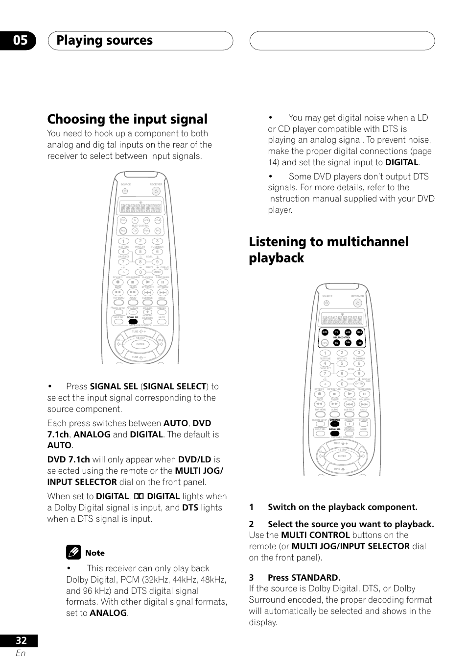 Playing sources 05, Choosing the input signal, Listening to multichannel playback | Pioneer VSX-41 User Manual | Page 32 / 72