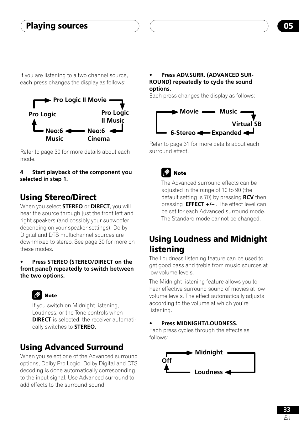 Playing sources 05, Using stereo/direct, Using advanced surround | Using loudness and midnight listening | Pioneer VSX-41 User Manual | Page 33 / 72