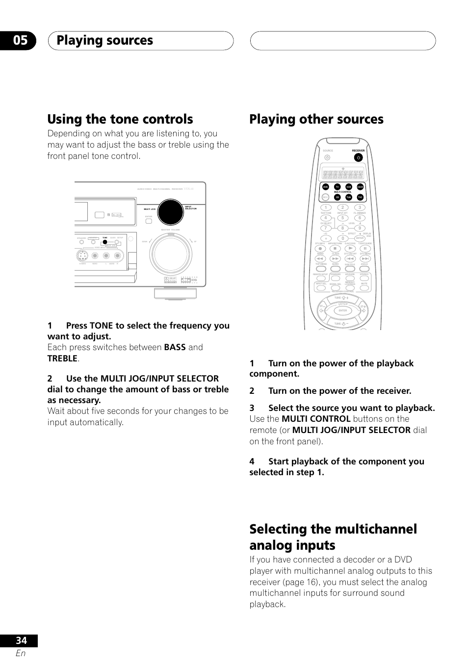 Using the tone controls playing other sources, Playing sources 05, Using the tone controls | Playing other sources, Selecting the multichannel analog inputs | Pioneer VSX-41 User Manual | Page 34 / 72