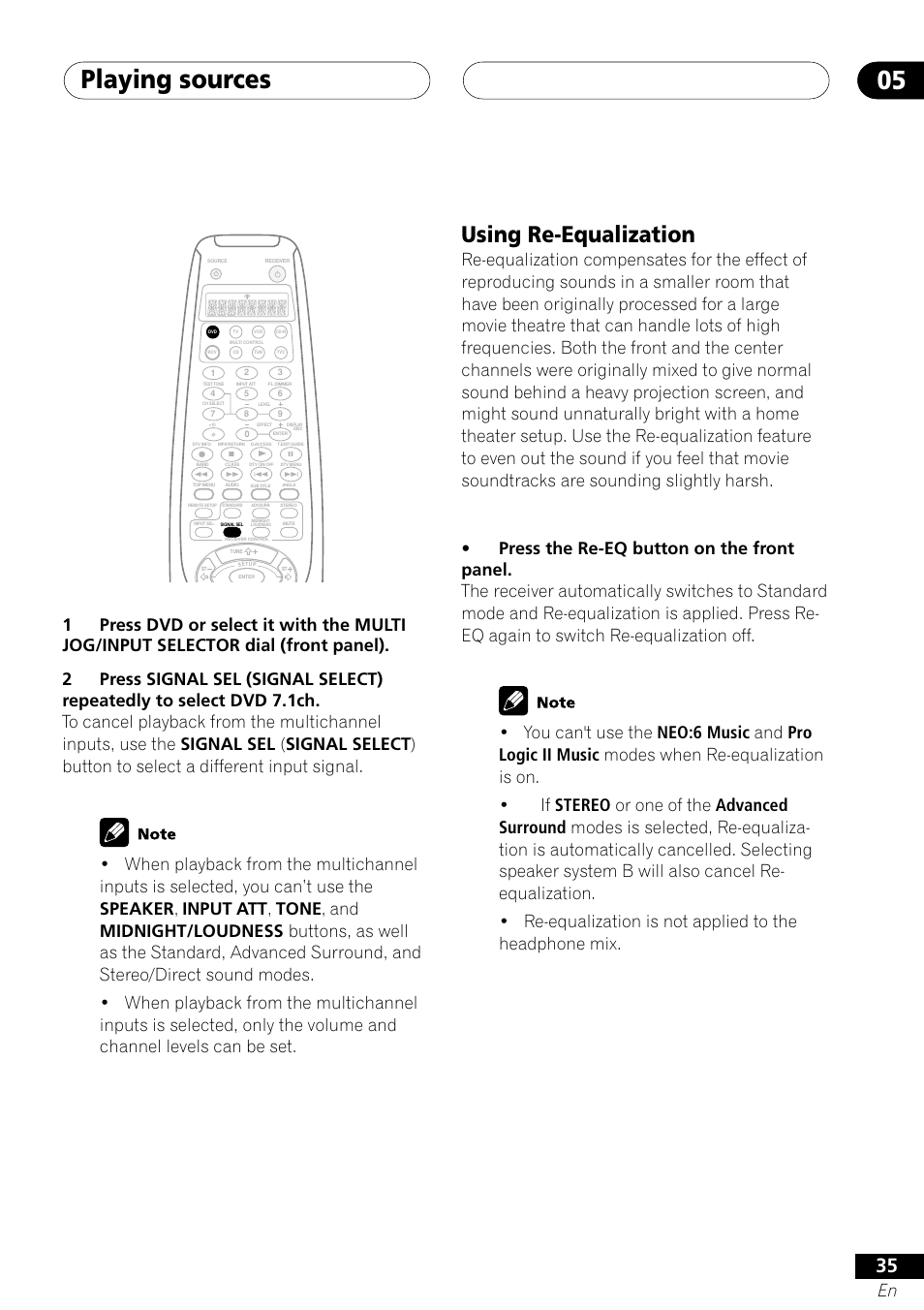 Playing sources 05, Using re-equalization | Pioneer VSX-41 User Manual | Page 35 / 72