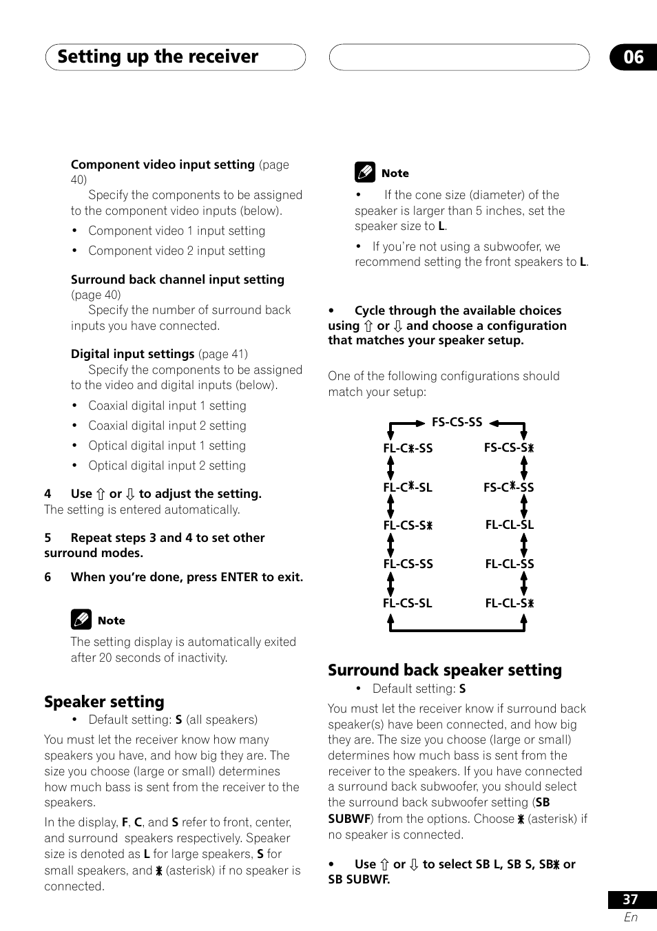Speaker setting surround back speaker setting, Setting up the receiver 06, Speaker setting | Surround back speaker setting | Pioneer VSX-41 User Manual | Page 37 / 72