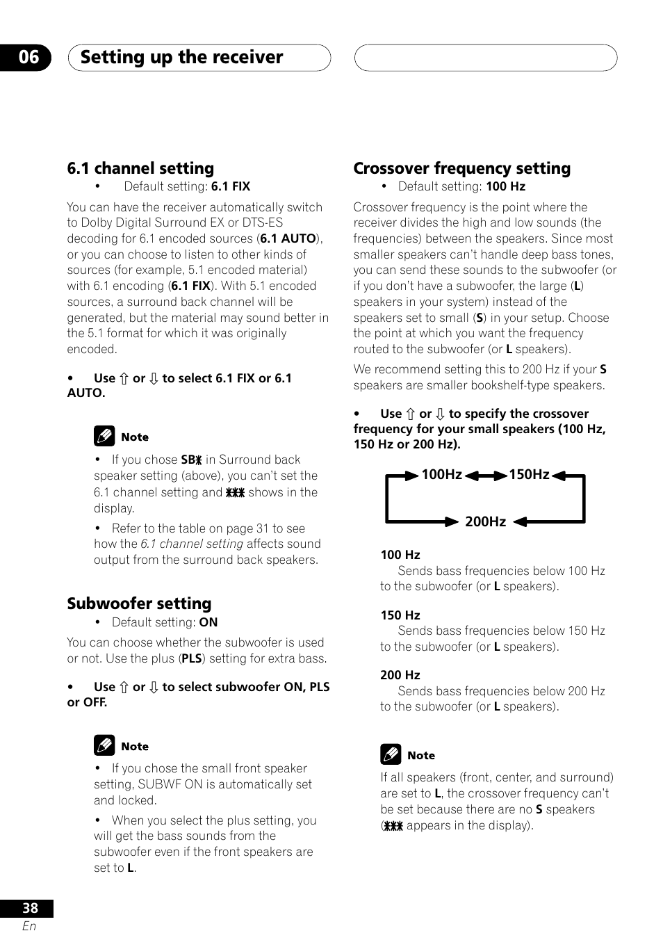 Setting up the receiver 06, 1 channel setting, Subwoofer setting | Crossover frequency setting | Pioneer VSX-41 User Manual | Page 38 / 72