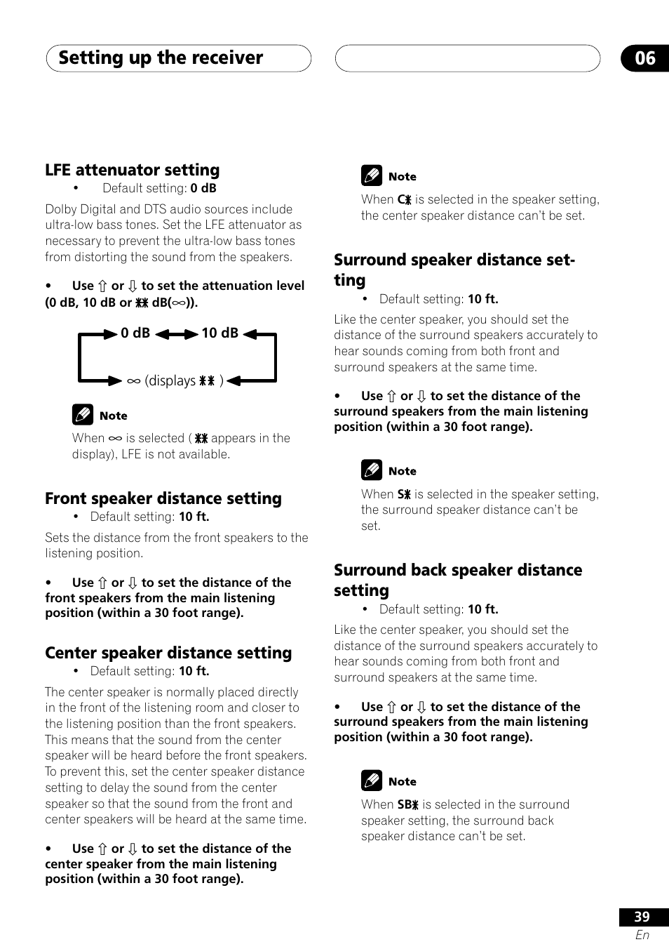 Setting up the receiver 06, Lfe attenuator setting, Front speaker distance setting | Center speaker distance setting, Surround speaker distance set- ting, Surround back speaker distance setting | Pioneer VSX-41 User Manual | Page 39 / 72