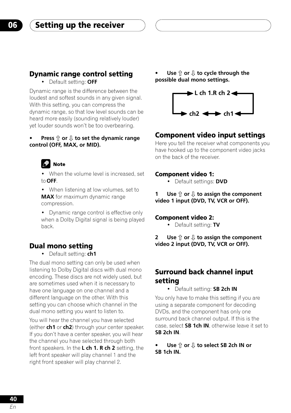 Setting up the receiver 06, Dynamic range control setting, Dual mono setting | Component video input settings, Surround back channel input setting | Pioneer VSX-41 User Manual | Page 40 / 72