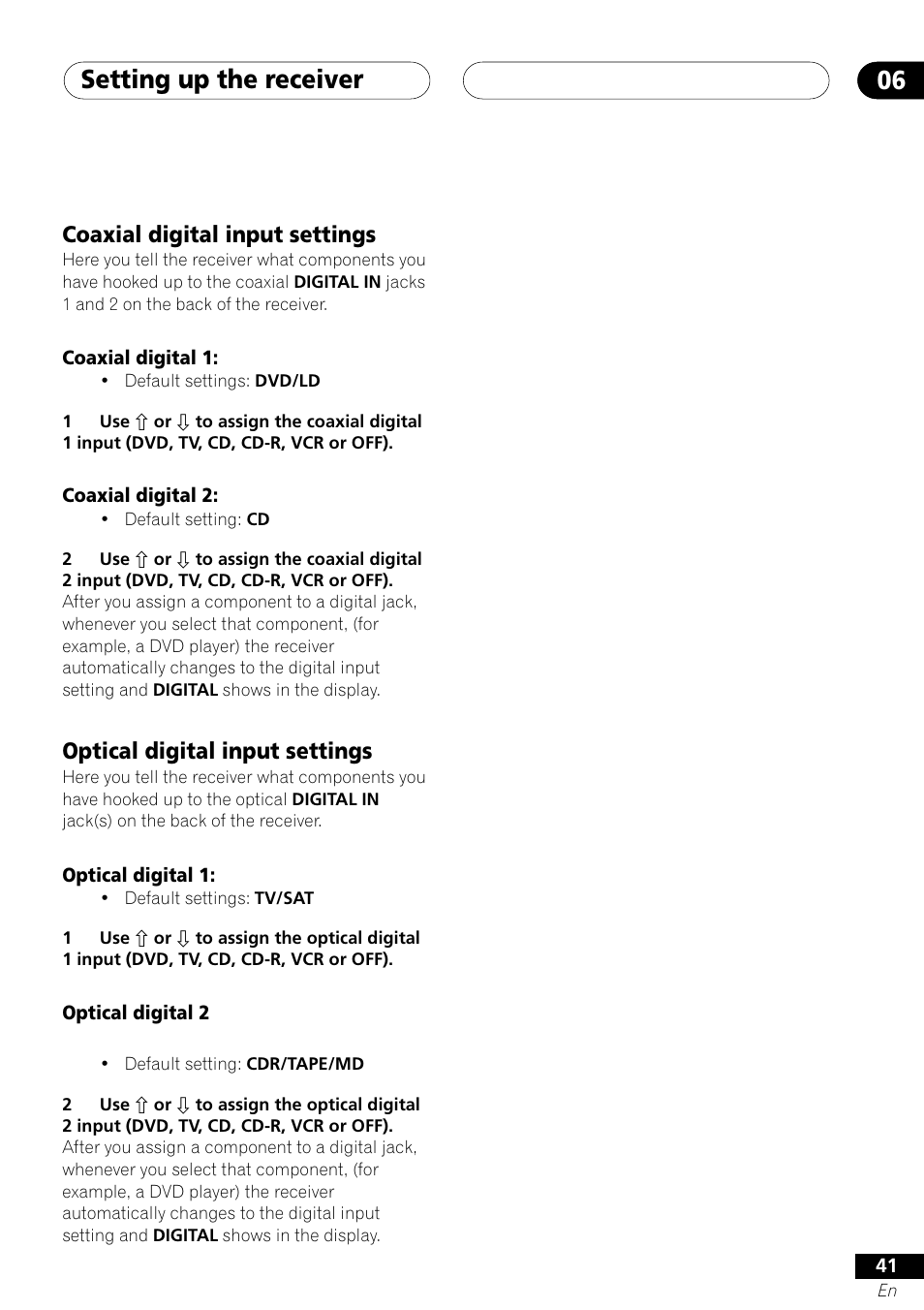 Setting up the receiver 06, Coaxial digital input settings, Optical digital input settings | Pioneer VSX-41 User Manual | Page 41 / 72
