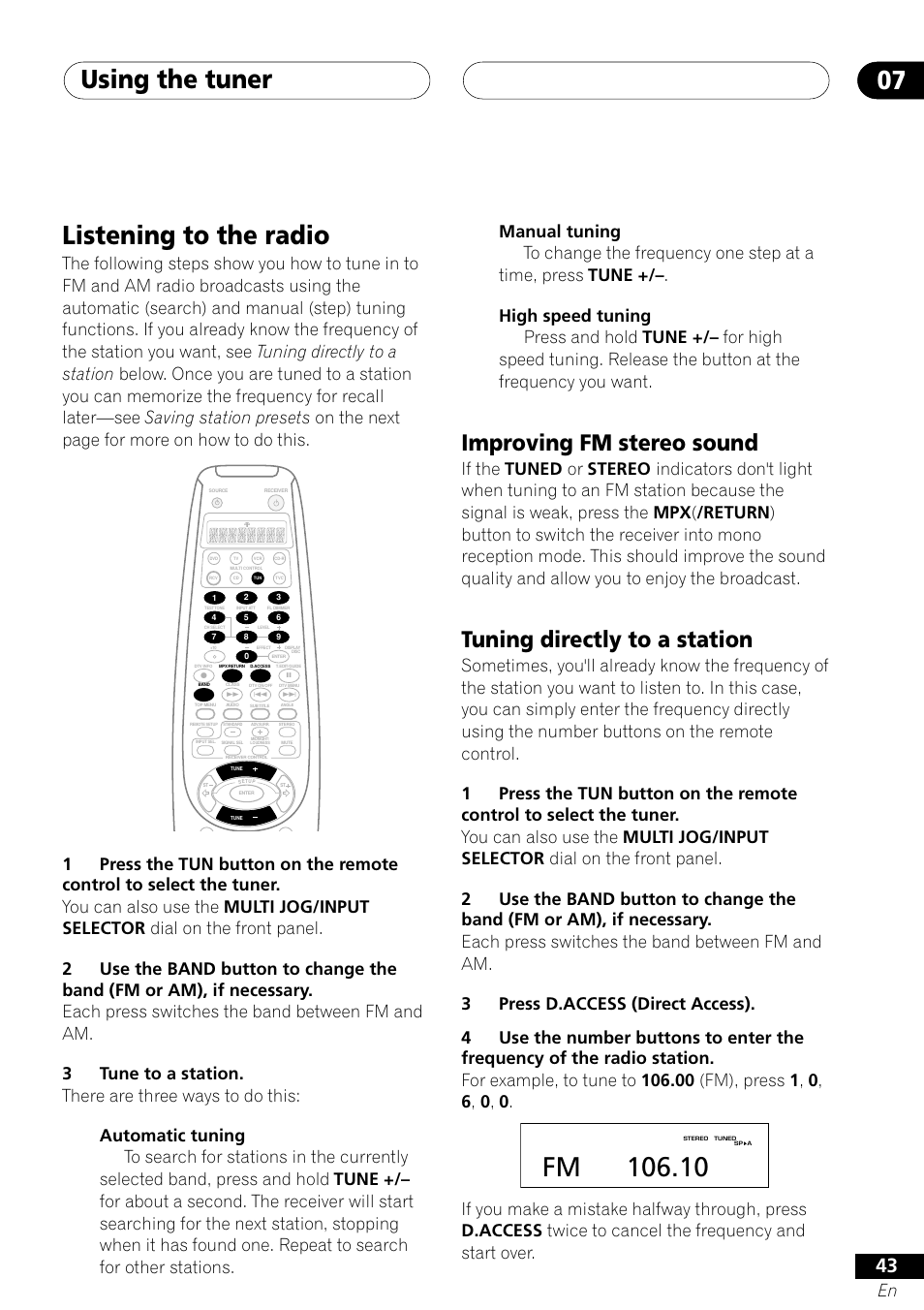 Listening to the radio, Using the tuner 07, Improving fm stereo sound | Tuning directly to a station | Pioneer VSX-41 User Manual | Page 43 / 72