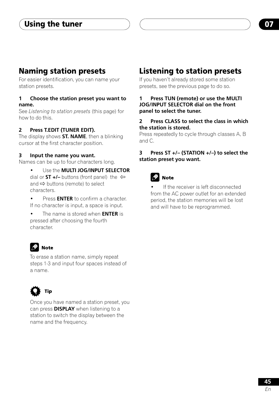 Using the tuner 07, Naming station presets, Listening to station presets | Pioneer VSX-41 User Manual | Page 45 / 72