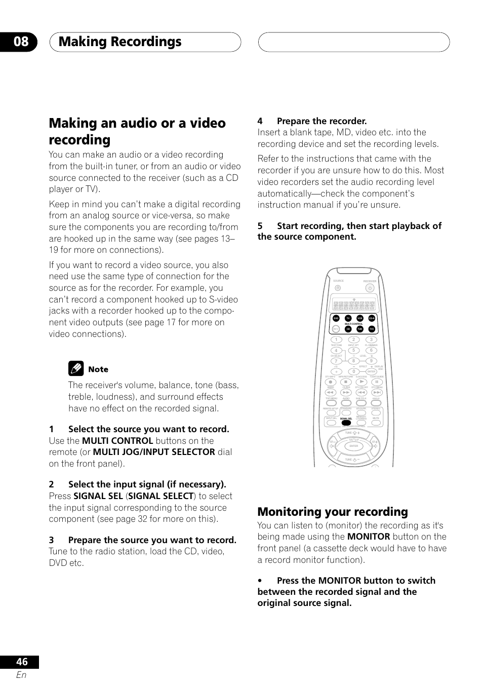 Making an audio or a video recording, Monitoring your recording, Making recordings 08 | Pioneer VSX-41 User Manual | Page 46 / 72