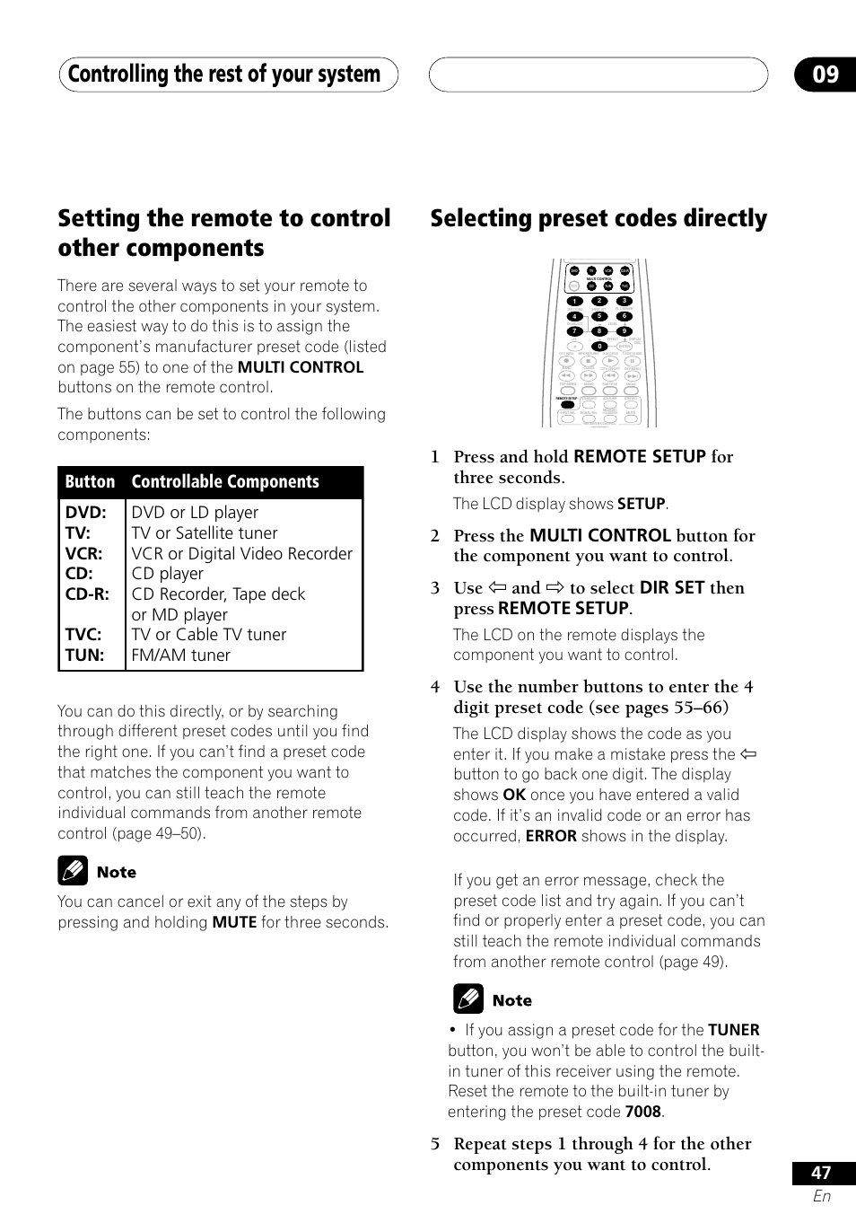 Setting the remote to control other components, 1 press and hold remote setup for three seconds, Controllable components | Button, Dvd: tv: vcr: cd: cd-r: tvc: tun, The lcd display shows setup | Pioneer VSX-41 User Manual | Page 47 / 72