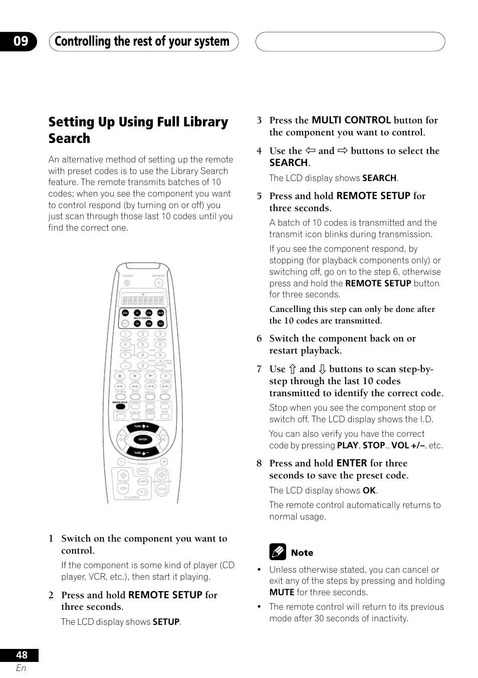 Setting up using full library search, 1 switch on the component you want to control, 2 press and hold remote setup for three seconds | 5 press and hold remote setup for three seconds, The lcd display shows setup, The lcd display shows search | Pioneer VSX-41 User Manual | Page 48 / 72