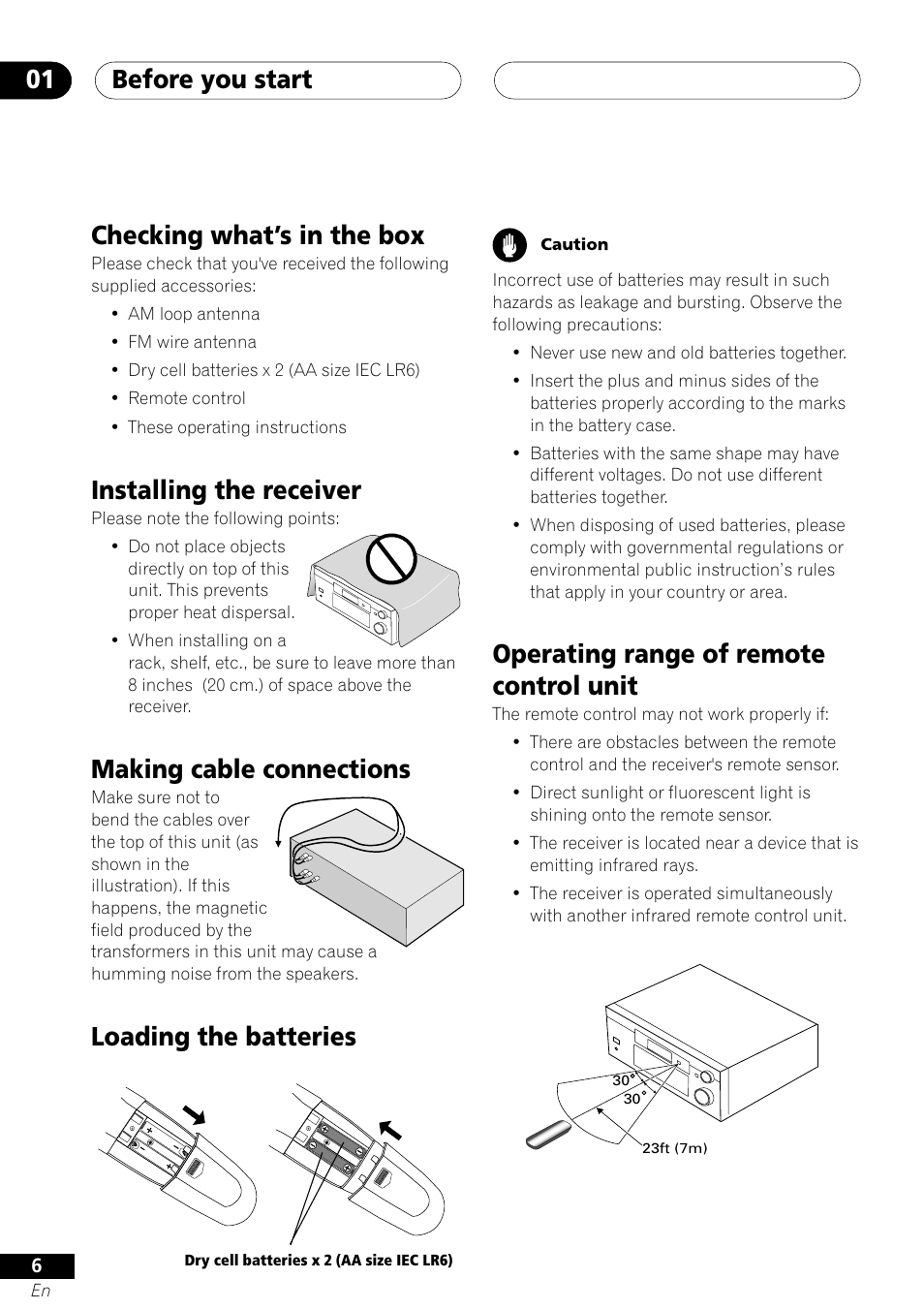Before you start 01, Checking what’s in the box, Installing the receiver | Making cable connections, Loading the batteries, Operating range of remote control unit | Pioneer VSX-41 User Manual | Page 6 / 72