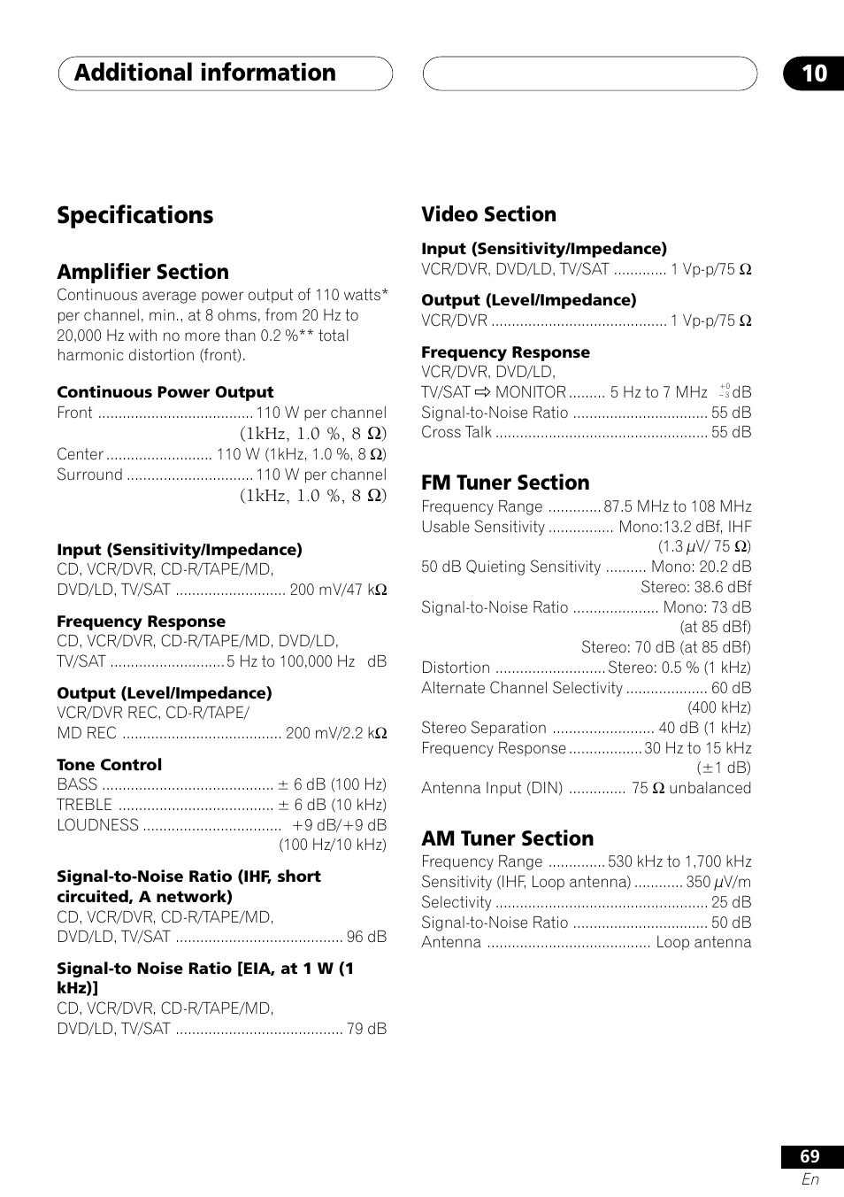 Specifications, Additional information 10 | Pioneer VSX-41 User Manual | Page 69 / 72