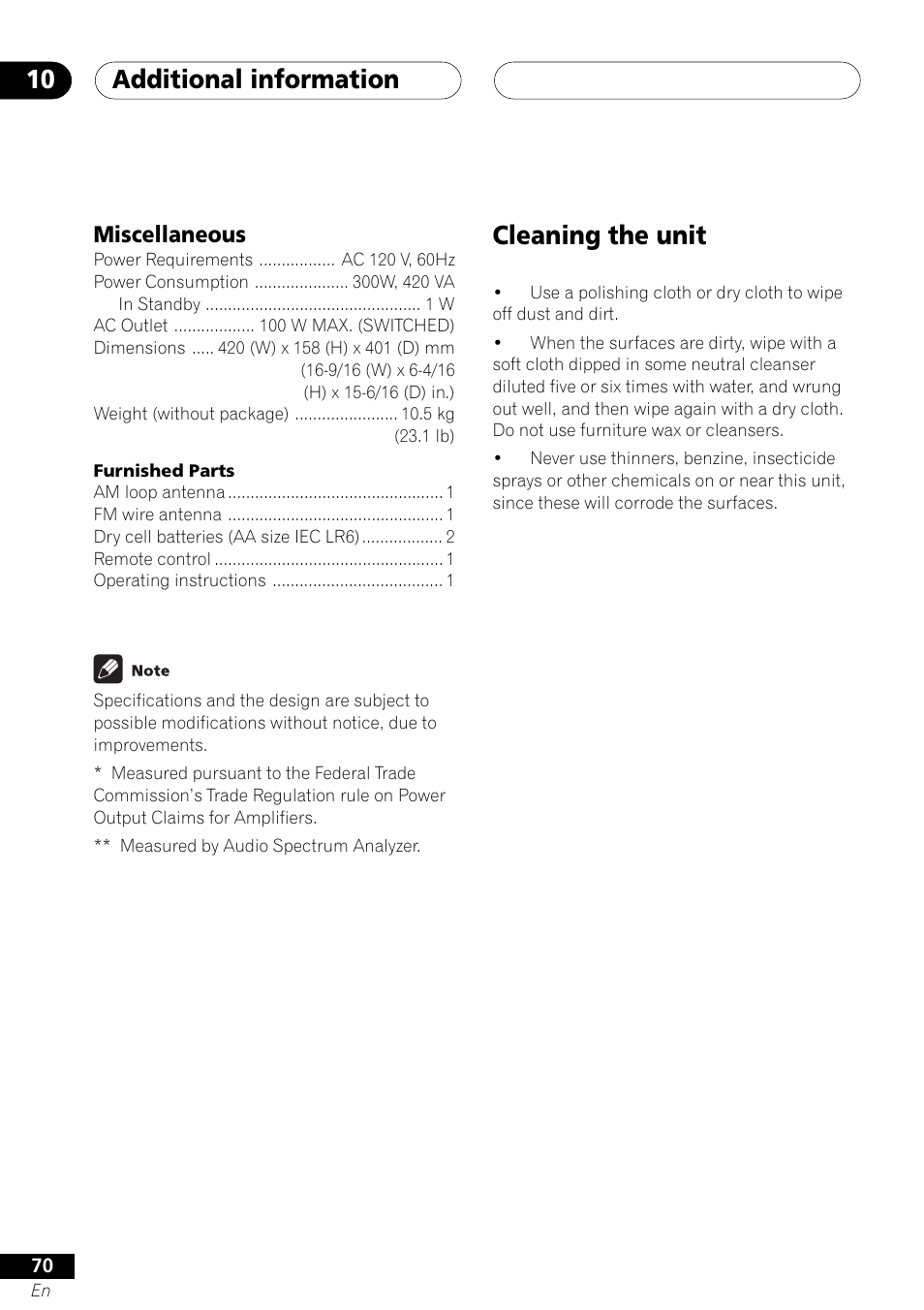 Cleaning the unit, Additional information 10, Miscellaneous | Pioneer VSX-41 User Manual | Page 70 / 72