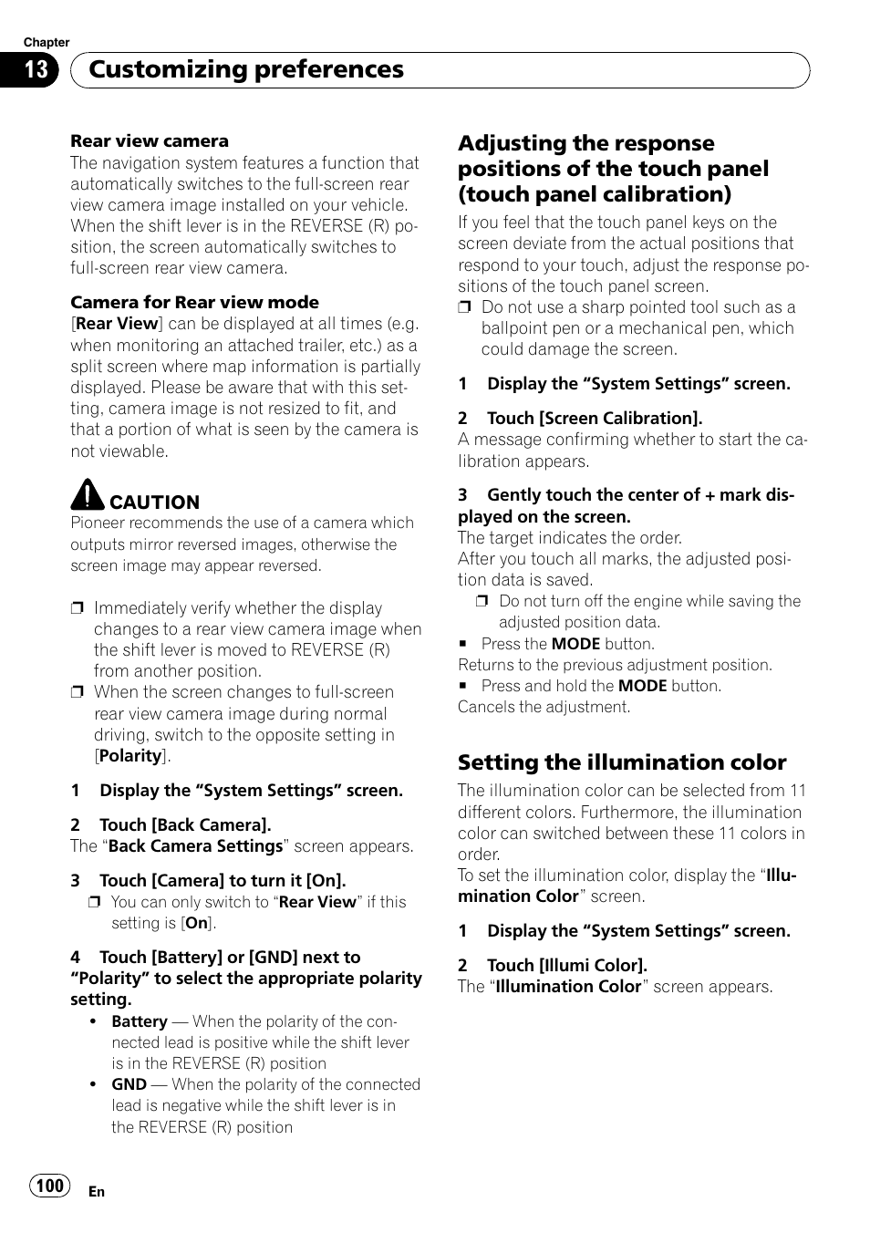 Adjusting the response positions of the, Touch panel (touch panel calibration), Setting the illumination color 100 | Customizing preferences, Setting the illumination color | Pioneer SUPER TUNER AVIC-Z110BT User Manual | Page 100 / 211