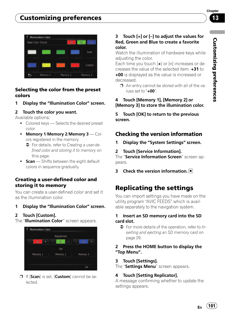 Checking the version information 101, Replicating the settings, Customizing preferences | Checking the version information | Pioneer SUPER TUNER AVIC-Z110BT User Manual | Page 101 / 211